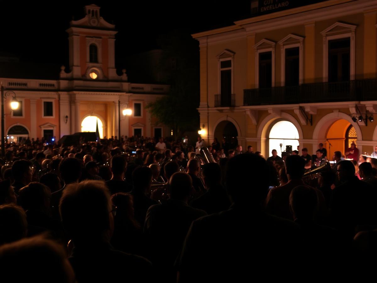 Público em apresentação noturna na praça central. Foto de demonstração.